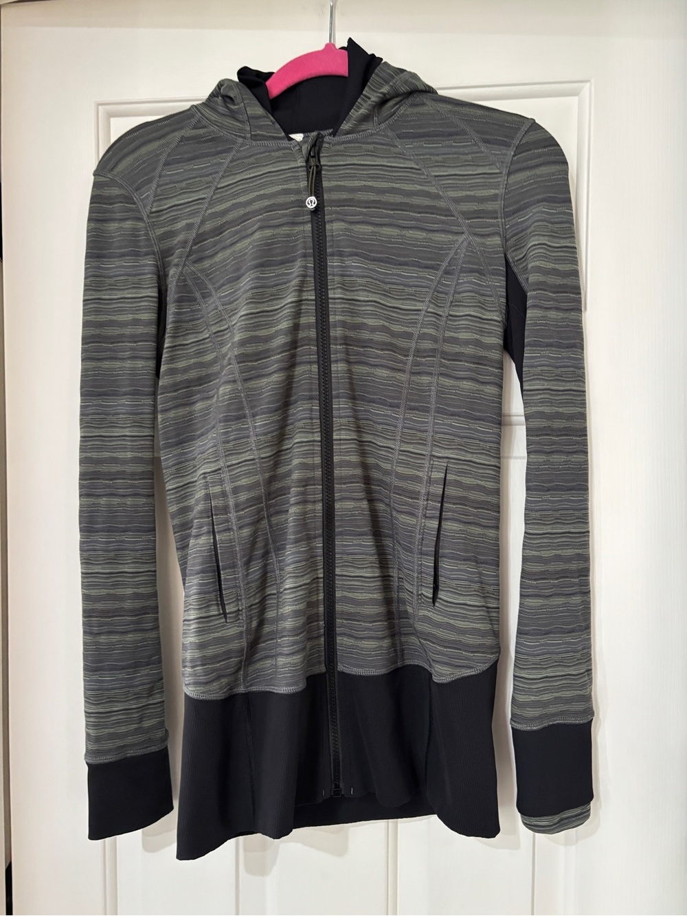 Lululemon Longline Hooded Full Zip Jacket Space Dye Gray Green Thumbholes - Sz 6